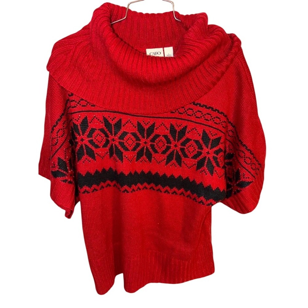Cato Womens Red Black Fair Isle Cowl Neck Short Sleeve Knit Sweater Size L